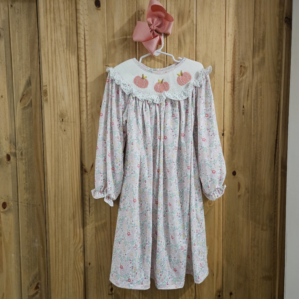 Little Bear Smocked Dress with Pink Pumpkin Embroidery. With Matching Hair Bow - Picture 2 of 7